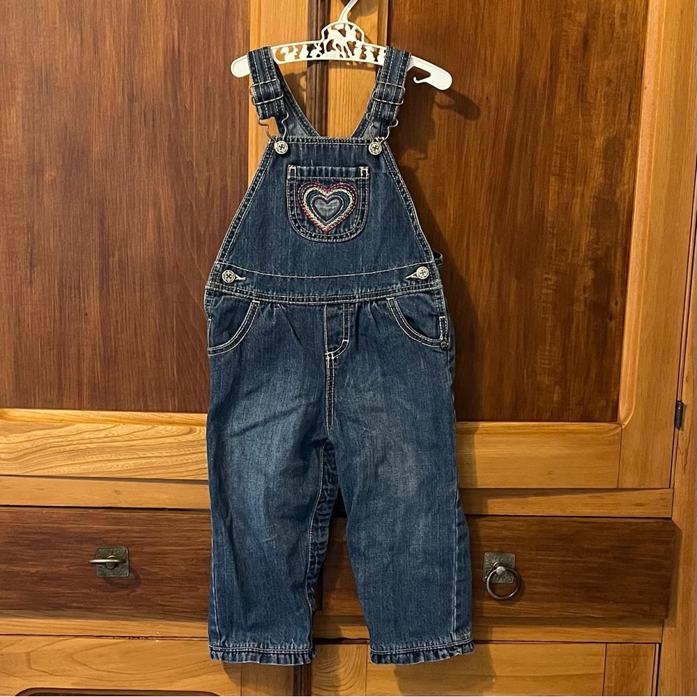 OshKosh B'gosh Girls Blue Denim Overalls with Heart Embroidery 24M
